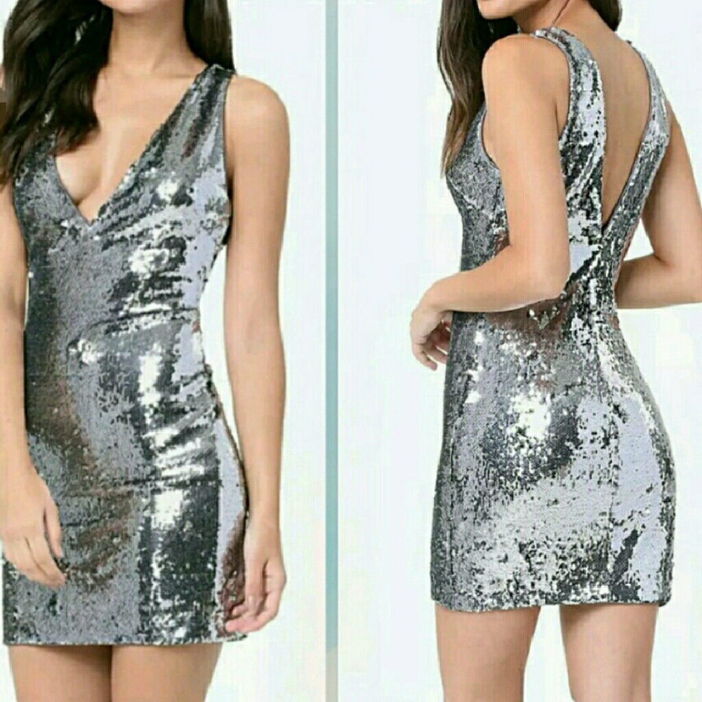 NWT Bebe silver sequin dress